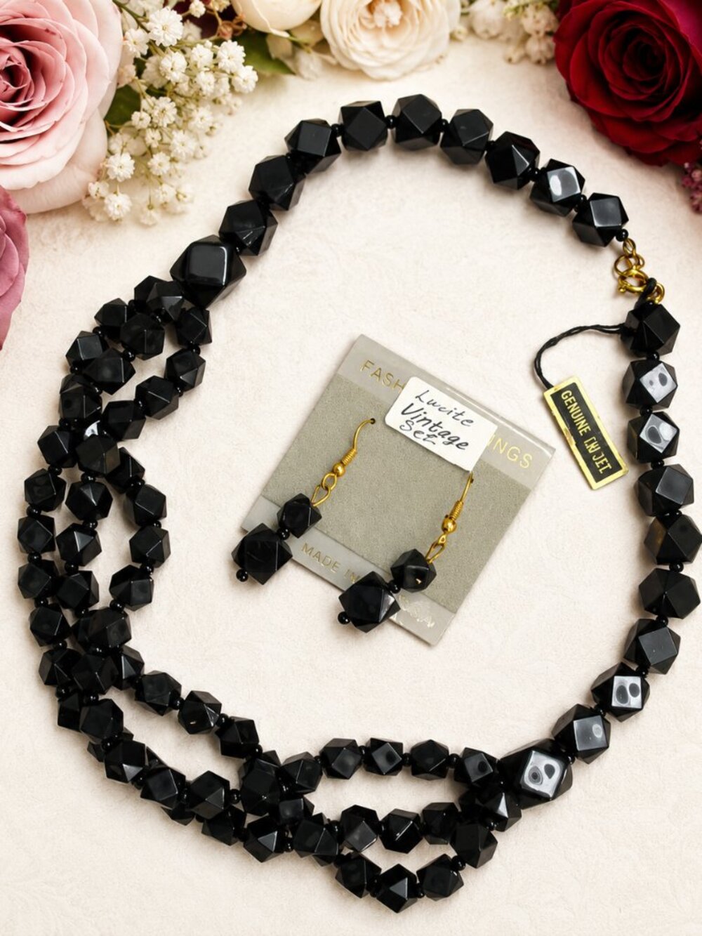 VINTAGE Black Lucite Bead Necklace Dangle Earrings~GENUINE LUCITE Jewelry Set